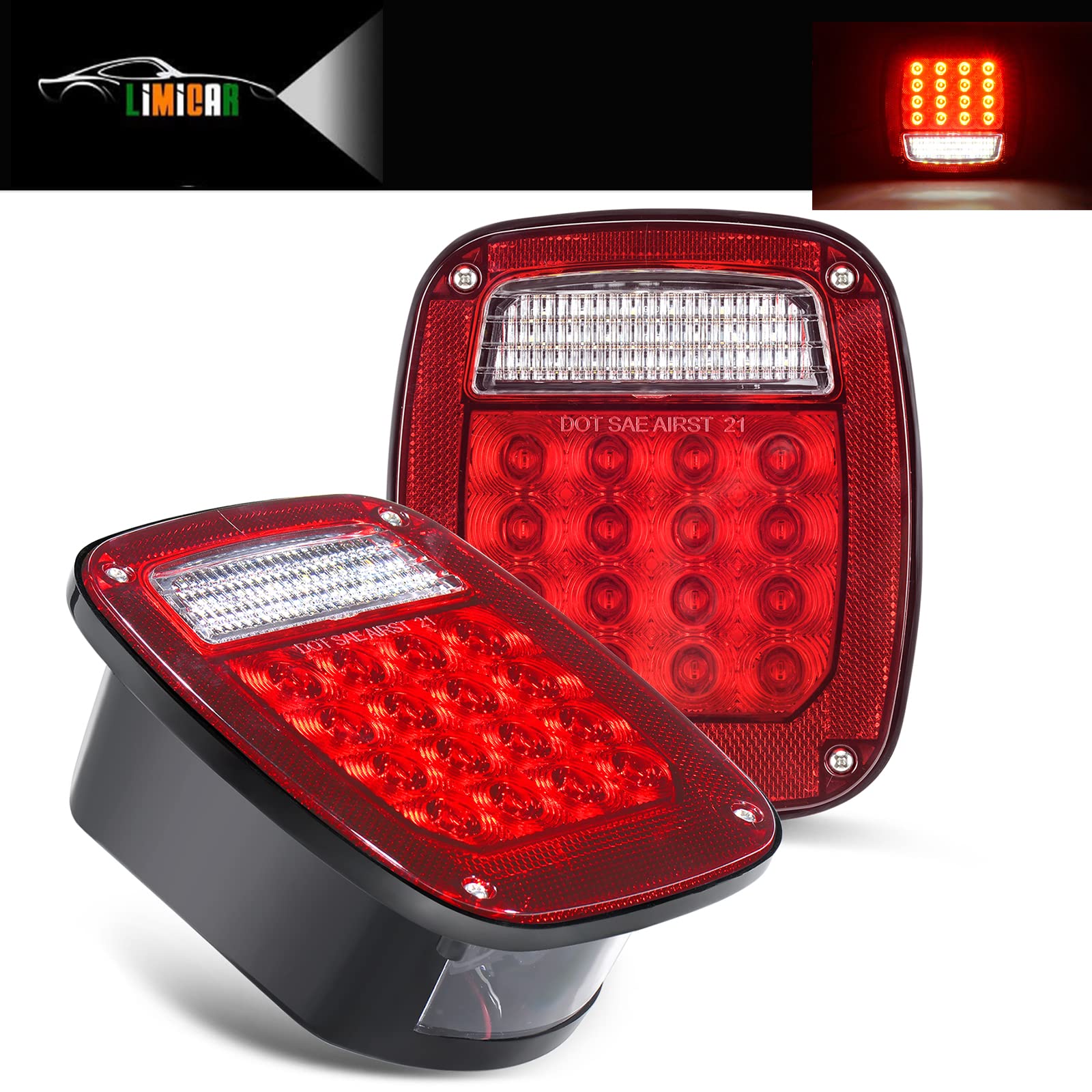 2PCS Red/White Square LED Stop/Turn/Tail Lights（43 Diodes）